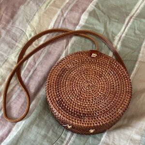 Brown Woven Round Crossbody Bag